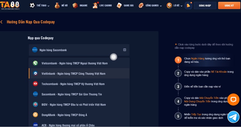 Hướng dẫn nạp tiền TA88 nhanh chóng chỉ mất 1 phút 2 Nạp Qua Codepay Với Thời Gian Nhanh Chóng Không Mất Phí